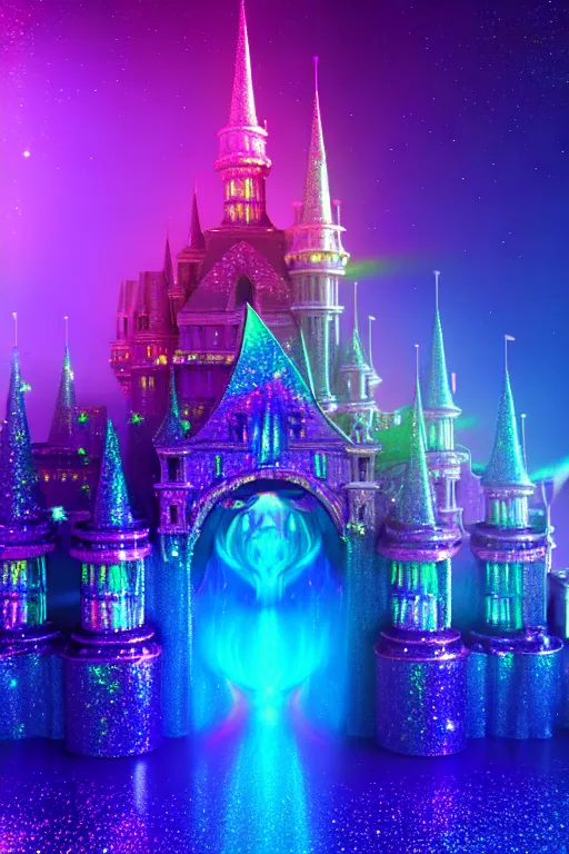 Image similar to iridescent holographic multicolored glitter fantasy castle in space, hyper realistic, ambient lighting, concept art, intricate, hyper detailed, smooth, dynamic volumetric lighting, octane, raytrace, cinematic, high quality, high resolution, 4 k, artstation