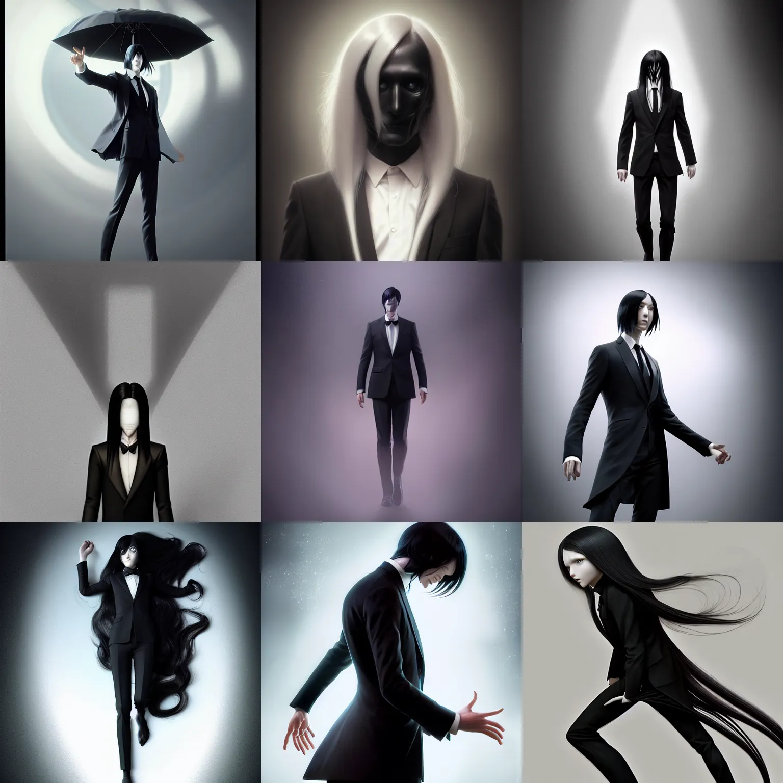 Prompt: faceless humanoid, wearing black suit, extremely long white hair, hair down to floor, by tom bagshaw and ilya kuvshinov, rtx rendering, octane render 1 2 8 k, maya, extreme high intricate details by wlop, digital anime art by ross tran, medium shot, composition by sana takeda, dramatic lighting by greg rutkowski