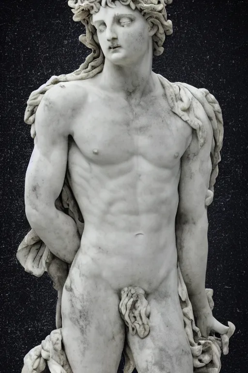 Prompt: a beautifully carved marble statue of a roman god, dark negative space, data mosh, glitchcore, 4 k