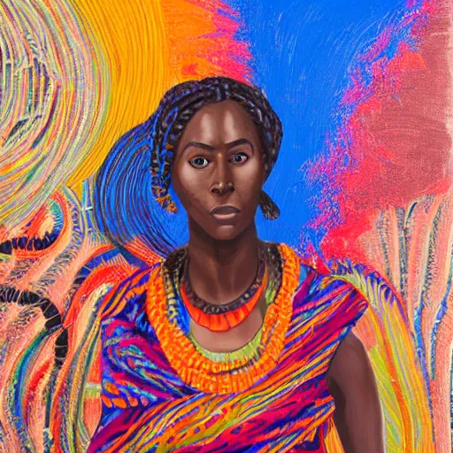 Prompt: dark skinned woman with plaited african hair wearing cultural clothes sitted calmly in a contrasting desert, bright and colourful, highly detailed, saturation, vibrant, acrylic, oil paint inspired by the works of julie mehretu