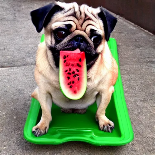 Image similar to pug in heaven eating watermelon in the style of michaelangelo