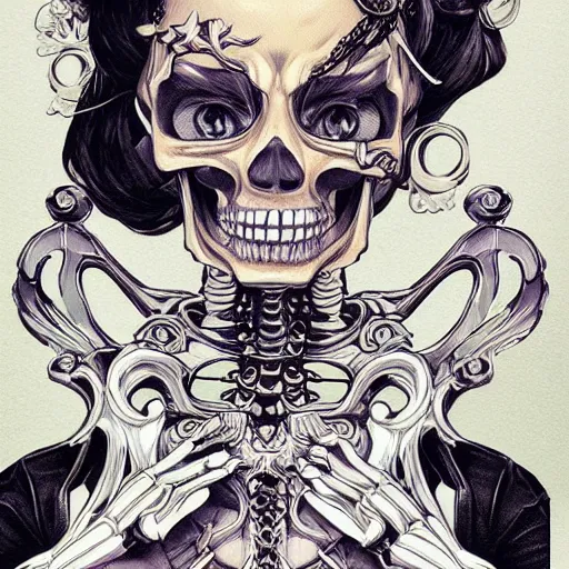 Image similar to anime manga skull portrait young woman barbie cuphead skeleton, intricate, elegant, highly detailed, digital art, ffffound, art by JC Leyendecker and sachin teng