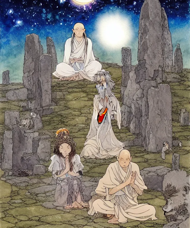 Image similar to a hyperrealist studio ghibli watercolor fantasy concept art of a giant long haired grey witch in lotus position sitting on top of stonehenge with a starry sky in the background. a group of tiny monks are praying them themselves. by rebecca guay, michael kaluta, charles vess