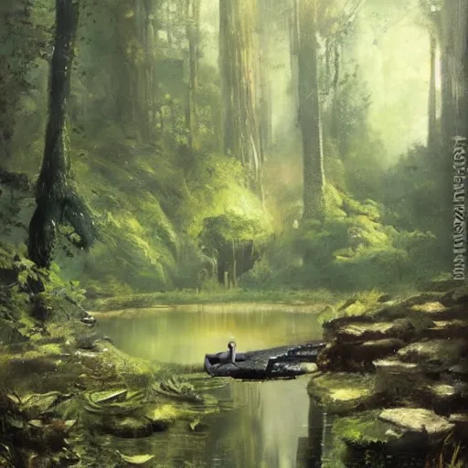 Image similar to stone golem resting at a pond inside a forest, oil painting, by Greg Rutkowski