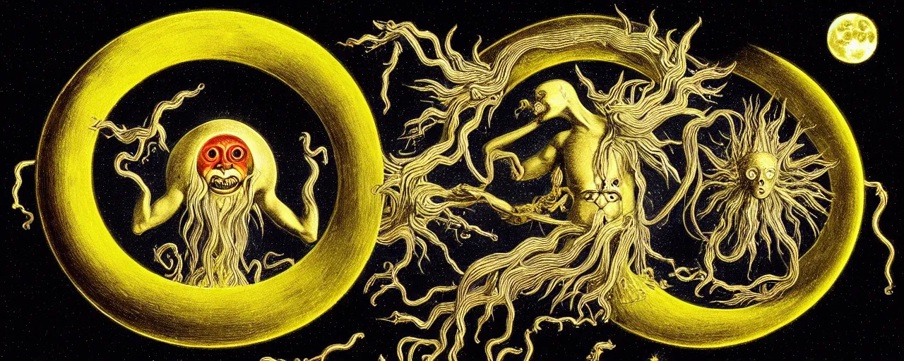 Image similar to a strange alchemical homunculus creature with a mouth of gold radiates a unique canto'as above so below'to the moon, while being ignited by the spirit of haeckel and robert fludd, breakthrough is iminent, glory be to the magic within, in honor of saturn, painted by ronny khalil