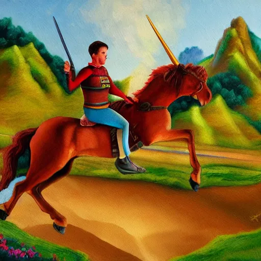 Image similar to wesley crusher riding a unicorn into battle impressionist oil painting fantasy 1 5