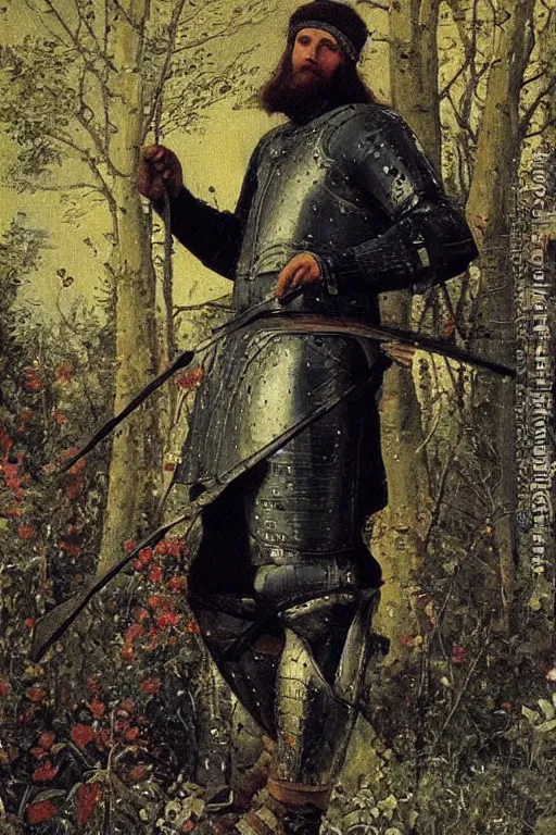 Image similar to Heroic medieval man in black adidas jacket armor, full body, beautiful russian nature, painting by vasnetsov