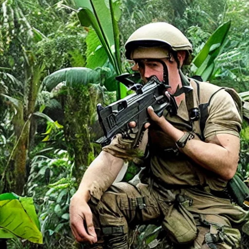 Prompt: elisha cutbert as a commando in a jungle battlefield