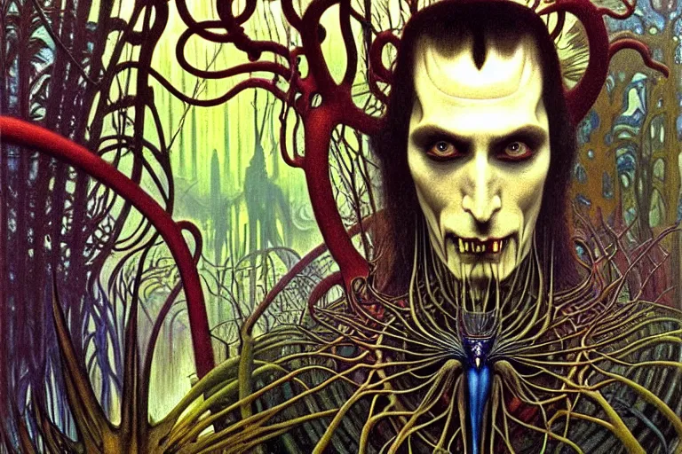 Image similar to realistic extremely detailed portrait painting of an elegantly creepy vampire man dressed as dracula, futuristic sci-fi forest on background by Jean Delville, Amano, Yves Tanguy, Alphonse Mucha, Ernst Haeckel, Edward Robert Hughes, Roger Dean, rich moody colours