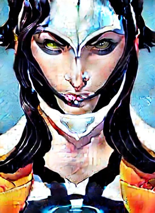 Image similar to Rafeal Albuquerque comic art, Joshua Middleton comic art, pretty female completely white skin black mark over left eye Phoebe Tonkin as Domino superhero X-MEN comics, black spot over left eye, fun smile, full body x-force outfit, long wavy black hair:: sunny weather::