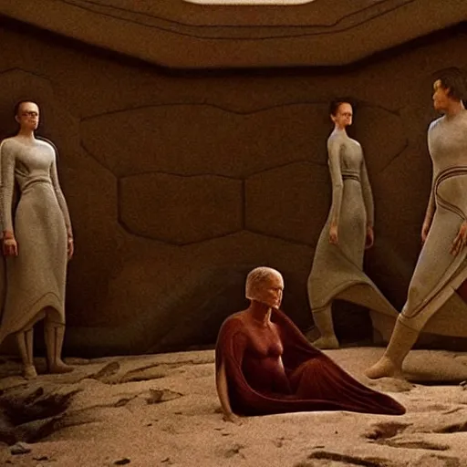 Prompt: colour aesthetic highly detailed photography scene from dune ( 2 0 2 1 ) by denis villeneuve and gregory crewdson style with ultra hyperrealistic highly detailed faces. many details by andrei tarkovsky and caravaggio in sci - fi style. volumetric natural light hyperrealism