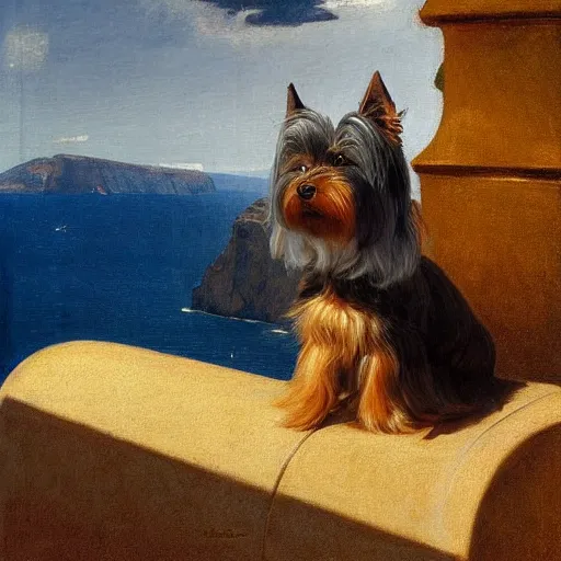 Prompt: a gray and brown Yorkshire Terrier under a rainbow in Santorini by Michael Sowa, head and shoulders portrait, golden hour, extremely detailed masterpiece, oil on canvas, by J. C. Leyendecker and Peter Paul Rubens and Edward Hopper and Michael Sowa,