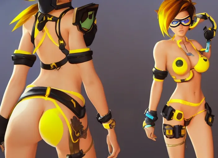 Image similar to tracer game character, in yellow bikini thong yellow, blonde hair, black eyes, full height