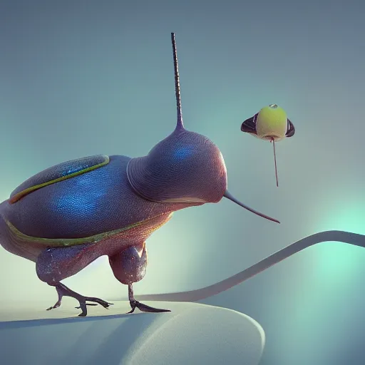 Prompt: a snailbird, a snailbird is a snail mixed with a bird, wings, snail shell, octane render, unreal engine, uhd, by beeple and the best digital artists alive,