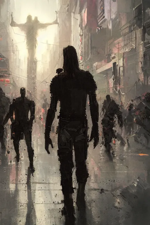 Prompt: full body portrait of Jesus as a cyborg walking through a crowded futuristic city street as the people part around him, by Jeremy Mann, stylized, detailed, realistic, loose brush strokes, dark tones, neon hue, intricate