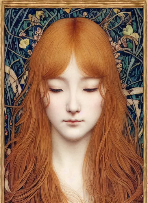 Prompt: masterpiece beautiful seductive flowing curves preraphaelite face portrait photography, miho hirano, extreme close up shot, straight bangs, thick set features, yellow ochre ornate medieval dress, amongst foliage mushroom forest circle arch, william morris and kilian eng and mucha, framed, 4 k