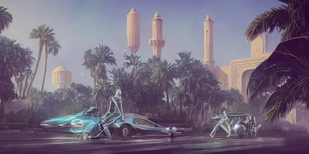 Image similar to Futuristic Marrakech, palm trees, Flying vehicles ,Moroccan mosque ,WLOP, James Jean, tom bagshaw, rococo, trending on artstation, fantasy, intricate, elegant, highly detailed, digital painting, concept art, smooth, illustration, cinematic lighting, hyper realism, octane render, 8k, hyper detailed.