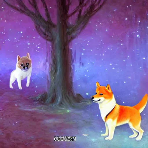 Prompt: shiba inu puppy walks through a dimensional portal, Fantasy Art