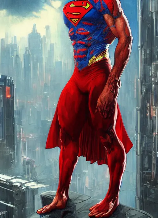 Image similar to portrait of crossfit fitness sprinter superman!, futuristic detailed ornate cyberpunk costume!, red and black costume!!!, pale skin!, no logo!!!, painted art by tsuyoshi nagano, greg rutkowski, artgerm, alphonse mucha, spike painting