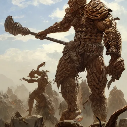 Image similar to muscular ogre - like fierce warrior with tree - bark skin wearing intricate stone and wood armor, towering above a group of soldiers, battlefield, highly detailed, digital painting, artstation, concept art, smooth, sharp focus, illustration, art by artgerm and greg rutkowski and alphonse mucha