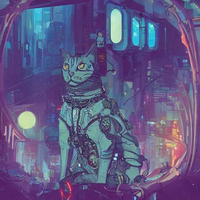 Prompt: a beautiful painting of a ( ( ( cyberpunk ) ) ) cat by simon stalenhag and pascal blanche and alphonse mucha and nekro. in style of digital art. colorful comic, film noirs, symmetry, vibrating colors, hyper detailed. octane render. trending on artstation