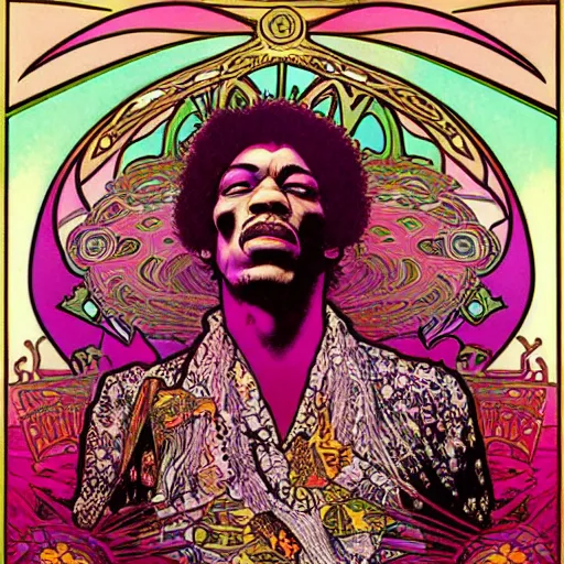 Image similar to jimi hendrix by alphonse mucha and moebius, psychadelic