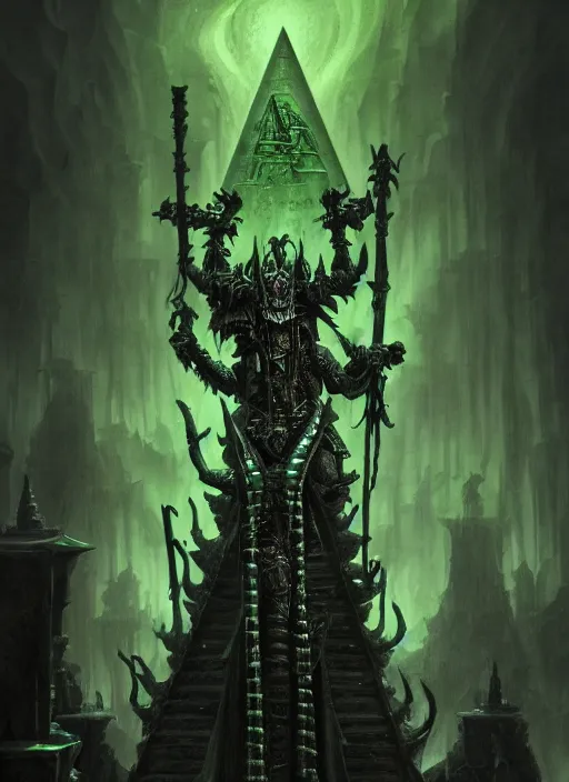 Prompt: portrait of nagash sitting atop his black pyramid, spirits of the dead, evil, grim dark, gloomy, mist, warhammer 4 0 k, onyx, intricate, elegant, evil green candles, highly detailed, digital painting, artstation, concept art, smooth, sharp focus, illustration, art by wlop, mars ravelo and greg rutkowski