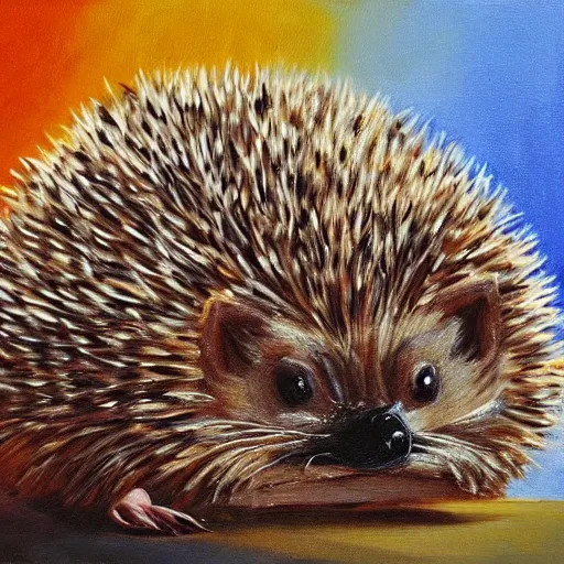 Prompt: hedgehog melting in the heat with a fan pointing at the hedgehog, oil on canvas, detailed, art