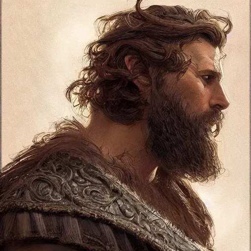 Image similar to portrait of a ruggedly handsome cleric, soft hair, muscular, half body, leather, hairy, d & d, fantasy, intricate, elegant, highly detailed, digital painting, artstation, concept art, smooth, sharp focus, illustration, art by artgerm and greg rutkowski and alphonse mucha