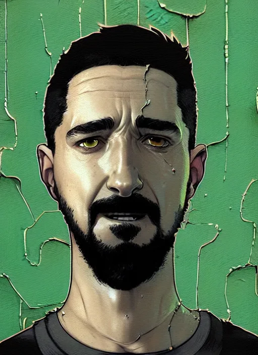 Image similar to highly detailed closeup portrait of creepy staring shia lebouf with motivational text by atey ghailan, by greg rutkowski, by greg tocchini, by james gilleard, by joe fenton, by kaethe butcher, gradient green, black and white color scheme, grunge aesthetic!!! ( ( graffiti tag wall background ) )