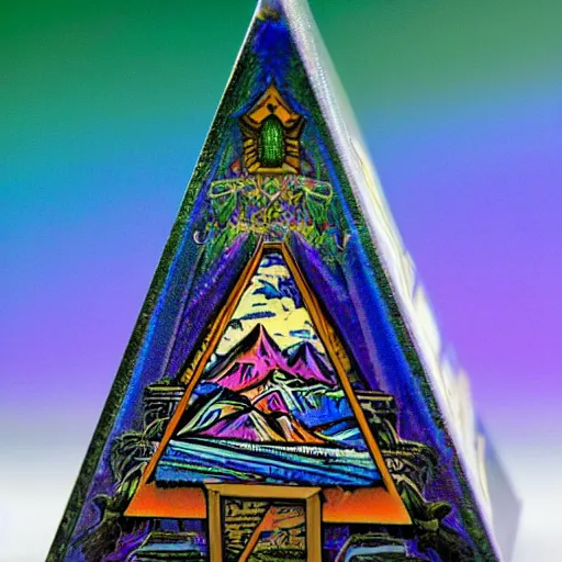 Image similar to flaming tall iridescent village pyramid puffin cove phantasm casket, by george lucas and mikhail larionov and dan mumford, 2 0 megapixels, tarot card, tilt shift