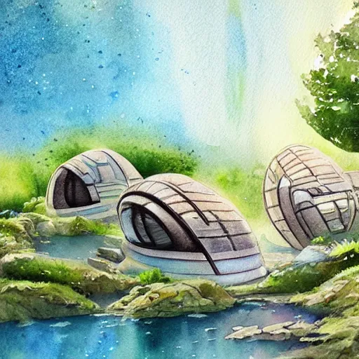 Image similar to beautiful happy picturesque charming sci - fi organic pod - like homes consisting of modules of the future in a beautiful natural scene. water, trees and rocks. beautiful light. soft colour scheme. beautiful artistic detailed watercolor by lurid. ( 2 0 2 2 )