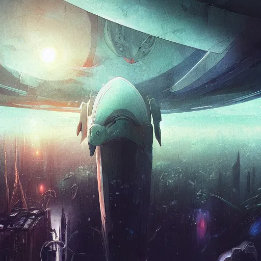 Image similar to a large alien creature standing over a city in fog. rain storm. in anime style, dark color, ultra wide angle, panoramic, fish eye, colorfull painting, centered, front, horizont, outline, stars, gundam, detailed, art by stephan martiniere, 4 k resolution