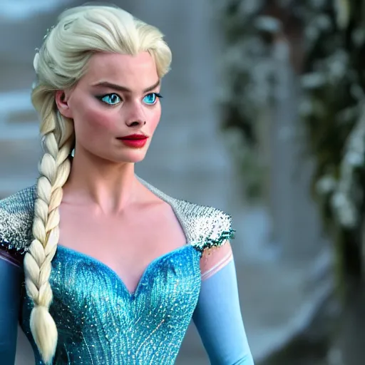 Image similar to Margot Robbie as Elsa in disney frozen live action, 8k full HD photo, cinematic lighting, anatomically correct, oscar award winning, action filled, correct eye placement,