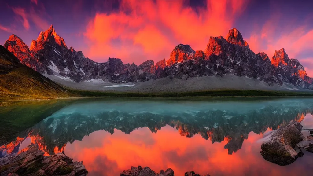 Image similar to amazing landscape photo of mountains with lake in sunset by marc adamus, beautiful dramatic lighting