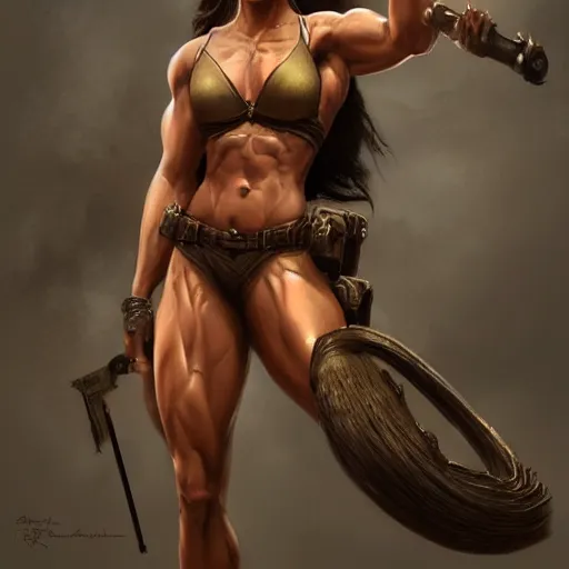Prompt: lara croft as a female bodybuilder redhead showing her abs, fantasy, intricate, elegant, highly detailed, digital painting, artstation, concept art, matte, sharp focus, illustration, art by aenaluck and roberto ferri and greg rutkowski, epic fantasy, digital painting
