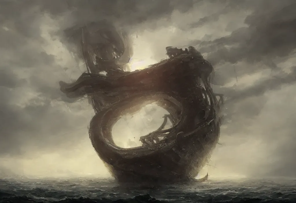 Image similar to a giant octopus wrapped around a large ship in the ocea, stormy, artstation, jakub rozalski, high detail, dramatic lighting, night, fog