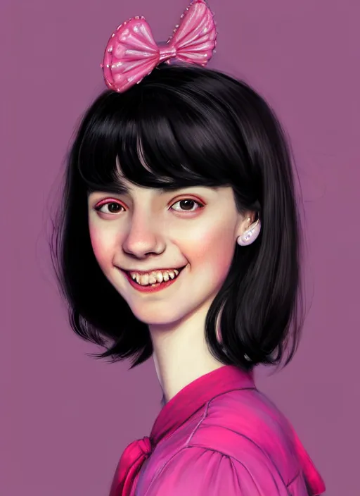 Image similar to portrait of high school girl, realistic, black hair, bangs, half updo hairstyle, pointy nose, skinny, smile, ugly, defined jawline, big chin, pink hair bow, earrings, intricate, elegant, glowing lights, highly detailed, digital painting, artstation, sharp focus, illustration, art by wlop, mars ravelo and greg rutkowski