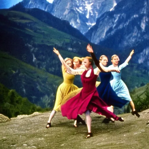 Prompt: Women dance among the mountains in a still from The Sound of Music, directed and choreographed by Bob Fosse.