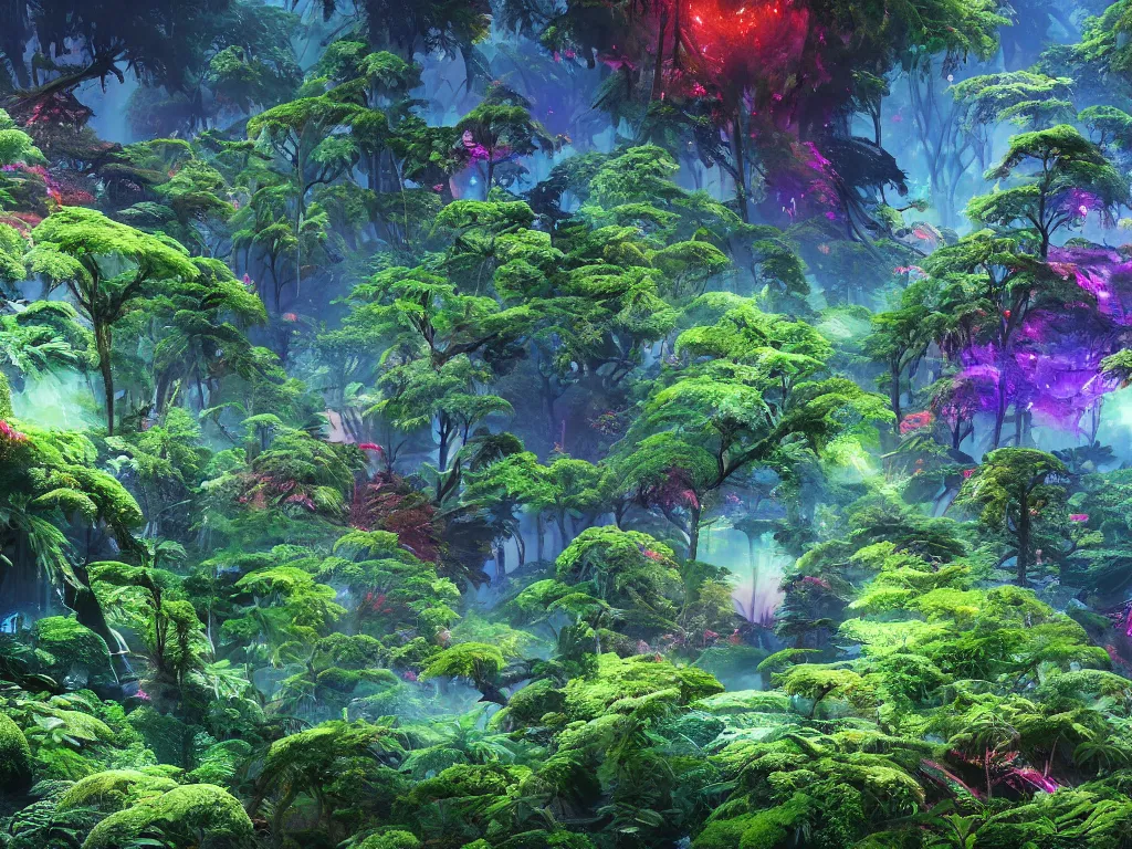 Prompt: a beautiful otherworldly fantasy landscape of dense mechanical shattered lush ferns and evergreen trees in hyper detail like the pacific northwest, vivid glowing colors, extreme detail, studio ghibli and pixar and abzu, rendering, cryengine, deep colors, aerial perspective, epic scale, vray render, cgsociety