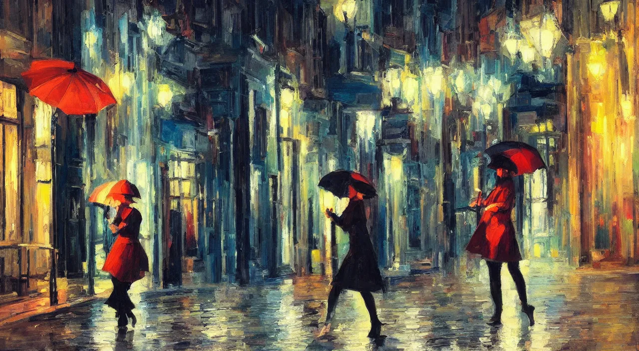 Image similar to evening city scene with young woman with umbrella. beautiful use of light and shadow to create a sense of depth and movement. uses energetic brushwork and a limited color palette, providing a distinctive look and expressive quality in a rhythmic composition