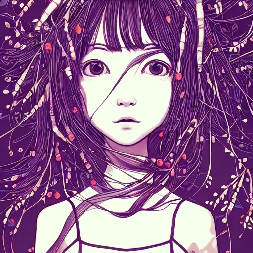 Image similar to the head of an incredibly cute and elegant japanese girl partially made of carrots and blueberries looking up, an ultrafine detailed illustration by james jean, final fantasy, intricate linework, bright colors, behance contest winner, vanitas, angular, altermodern, unreal engine 5 highly rendered, global illumination, radiant light, detailed and intricate environment