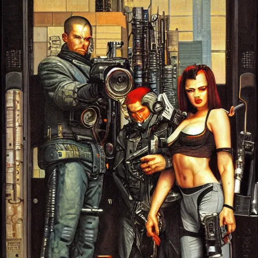 Prompt: portrait of three cyberpunk hired guns, by gerald brom and norman rockwell