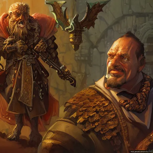 Image similar to D&D Merchant selling you his wares, fantasy closeup character art by Neil Roberts and Marc Lee and Vladimir Krisetskiy and Donato Giancola and Craig Mullins, digital art, trending on artstation