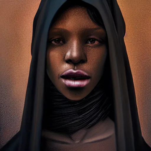 Prompt: a portrait of a young black woman wearing a long dark cloak, hood and shadows covering face, anatomically correct, beautiful face, enigmatic, oil painting, matte painting, black background, Volumetric Golden dappled dynamic lighting, Highly Detailed, Cinematic Lighting, Unreal Engine, 8k, HD, by Beksinski