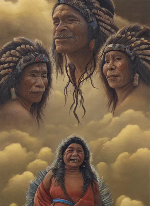 Image similar to faces of indigenous amazonian grandfathers and grandmothers spirits in the clouds, smiling, protection, benevolence, ancestors, detailed faces, symetrical, religious painting, art by christophe vacher and alex gray