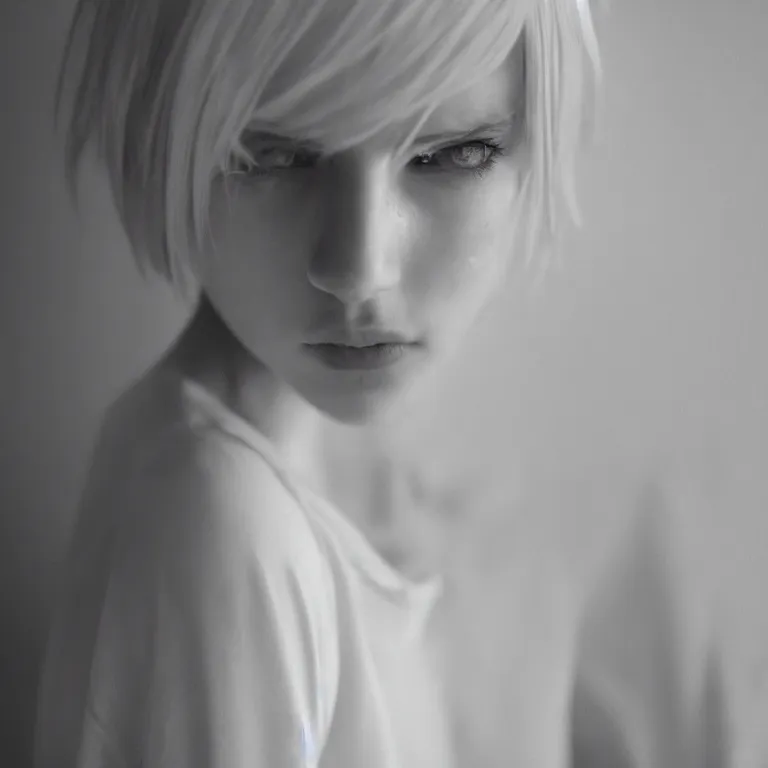 Image similar to cute annie leonhart in a white room, beautiful face, pale skin, rule of thirds, cinematic lighting, rainy weather, melancholy atmosphere, sharp focus, backlit, stunning, model agency, smooth, hard focus, full body shot, instagram photo, shot on sony a 7 iii, hyper realistic,