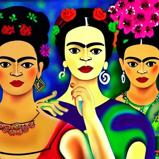 Image similar to latin dance band in the style of frida kahlo. lively. colorful. hd.