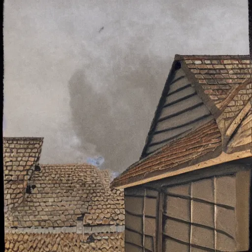 Image similar to painting of structures with tile roofs, and peaked wooden roofs, structures blackened to some degree by a patina of soot. structures darkest at the top, where the ash gathered, but rainwaters and evening condensations had carried the stains over ledges and down walls in an uneven gradient.