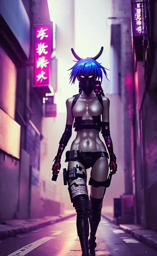 Image similar to cyberpunk anime girl walk on the street, cyberpunk oni mask, 3 / 4 shot, street night, beautiful face, grafity, arcane, detail, good face, pose model, concept art, in style of yoji shinkawa, pan ren wei, col price, atey ghailan, by greg rutkowski, aesthetic, digital painting, 3 d